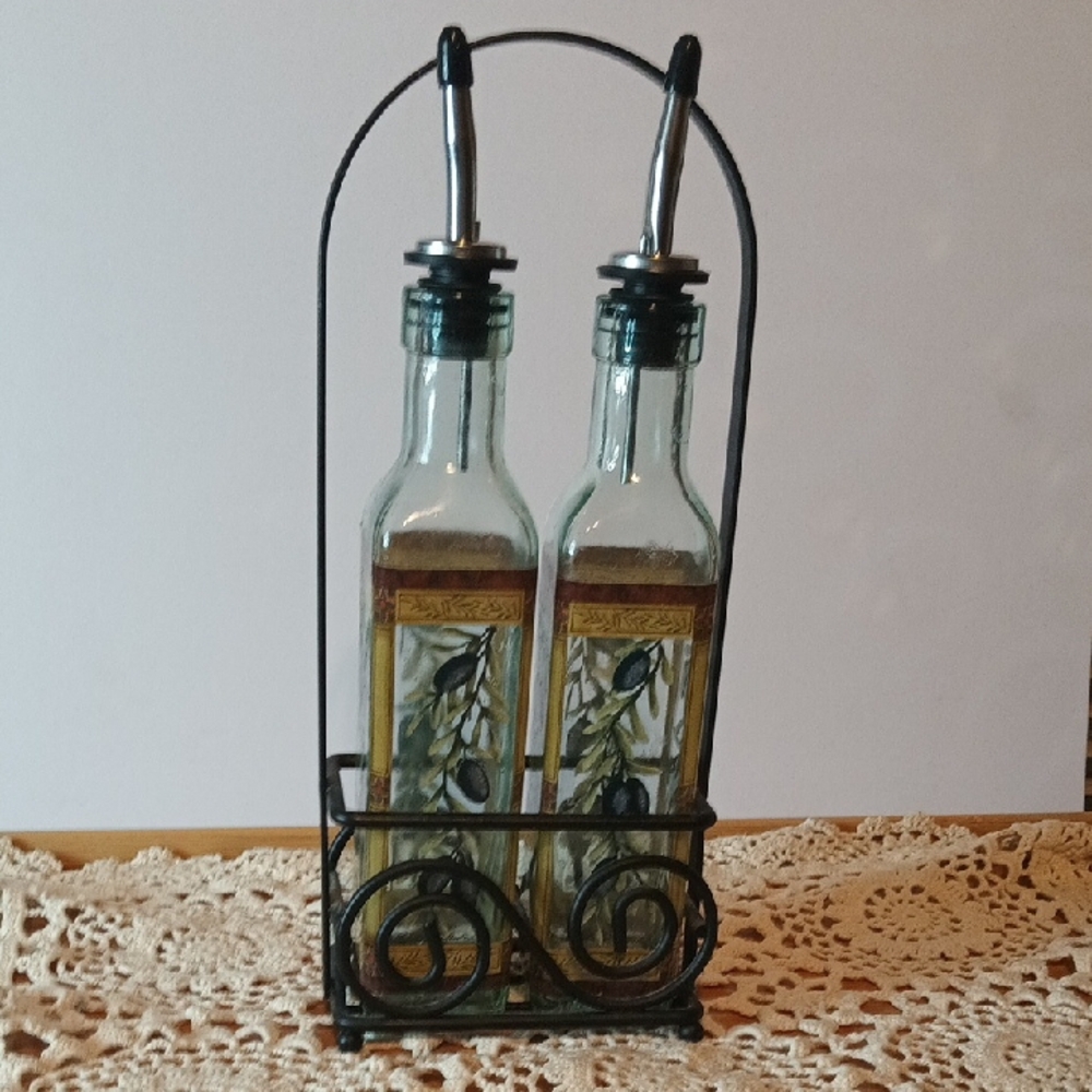 Elegant Black and White Mediterranean Hand Painted Oil And VinegarSet for Dining